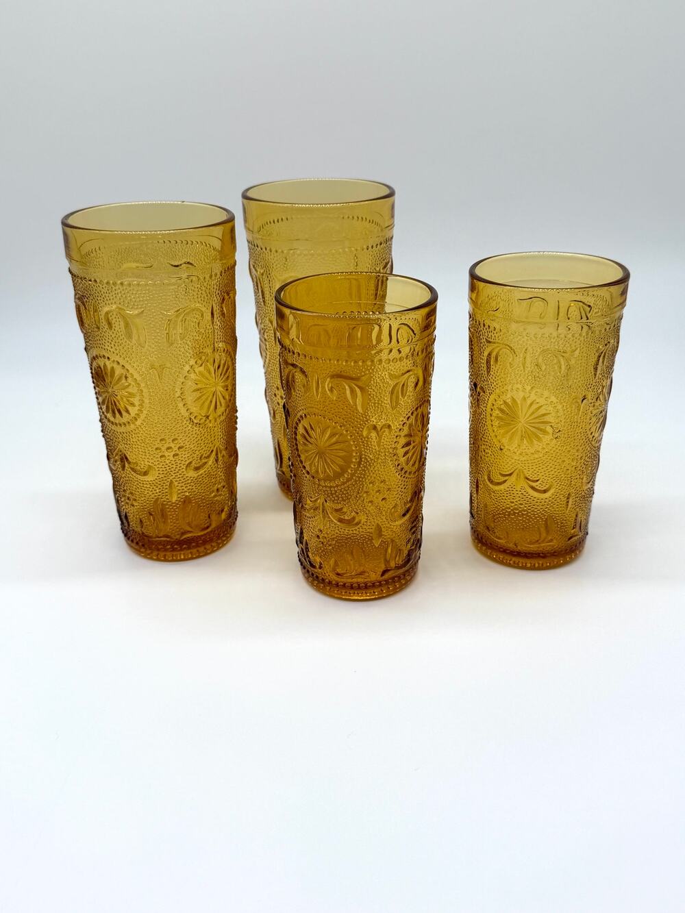 Vintage 1970s Tiara Indiana Glass Amber Sandwich Tumblers Set of 4 Daisy